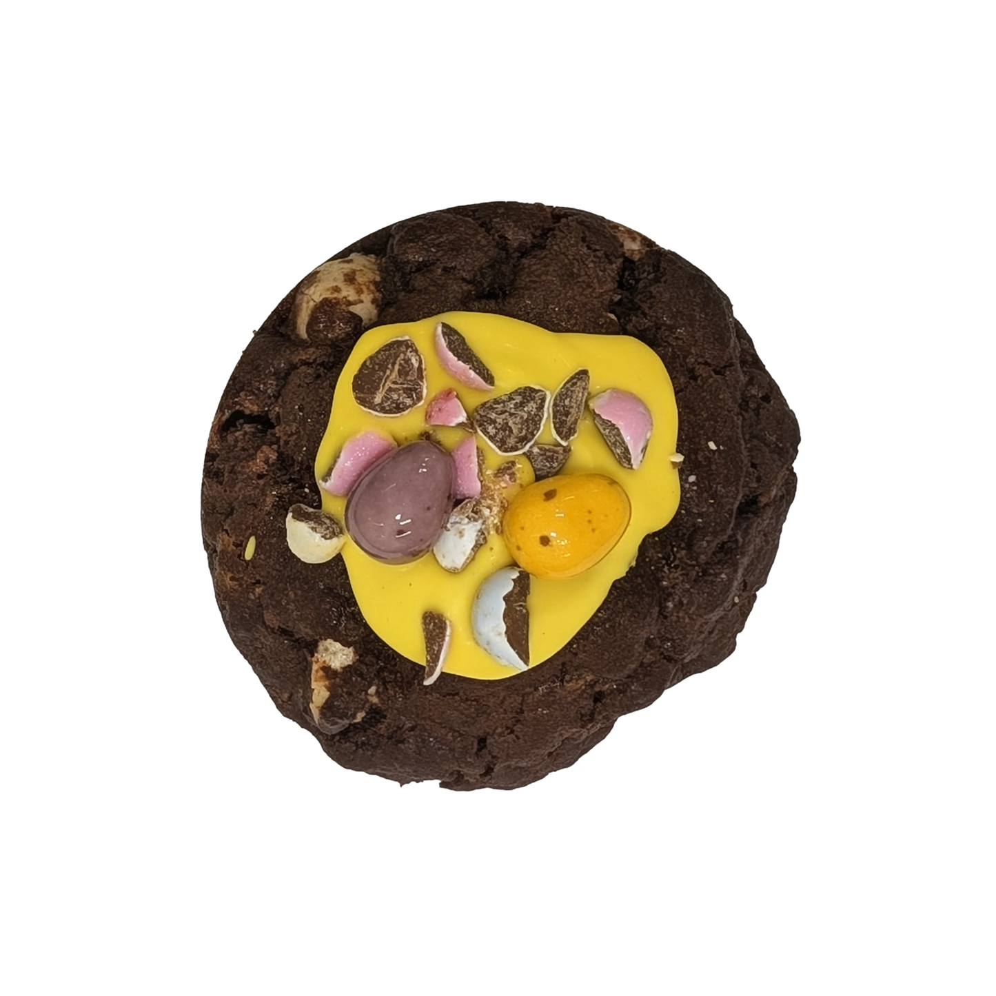 Picture of a chocolate cookie stuffed with chocolate hazelnut and topped with mini eggs