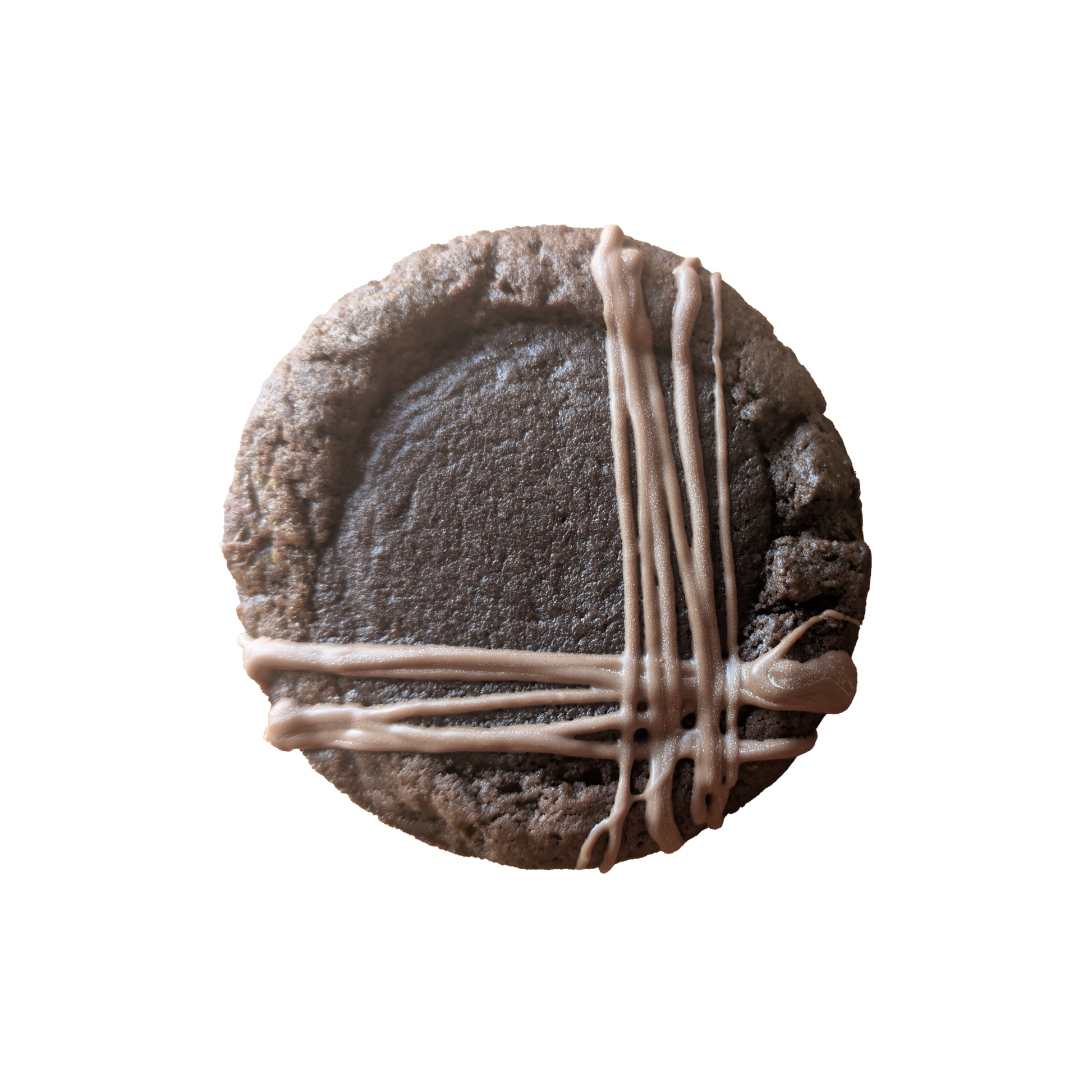 Picture of a dark chocolate cookie stuffed with soft brownie and drizzled with milk chocolate