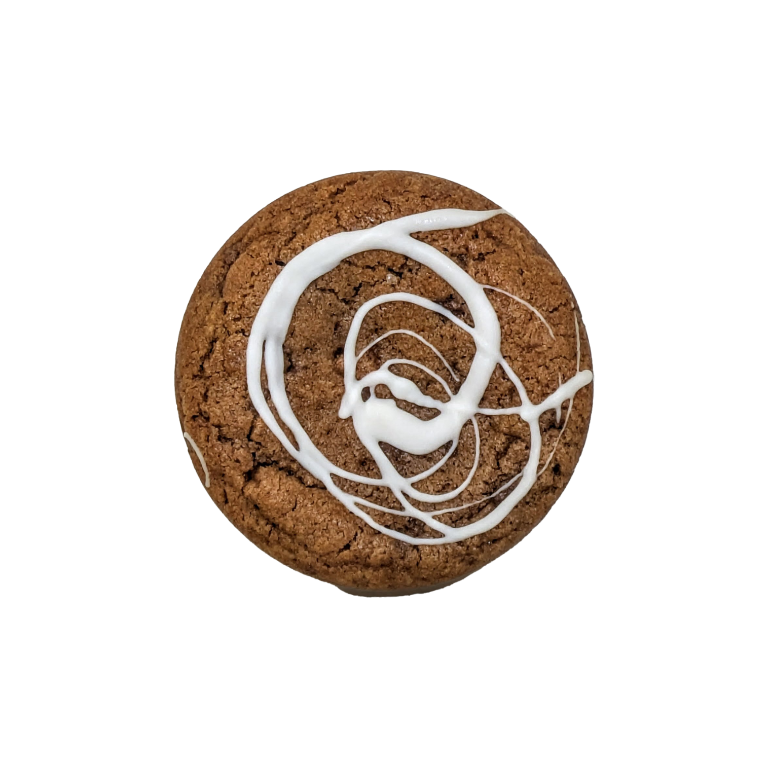 Picture of a deep coloured cookie stuffed with cinnamon and caramel drizzled with white chocolate.