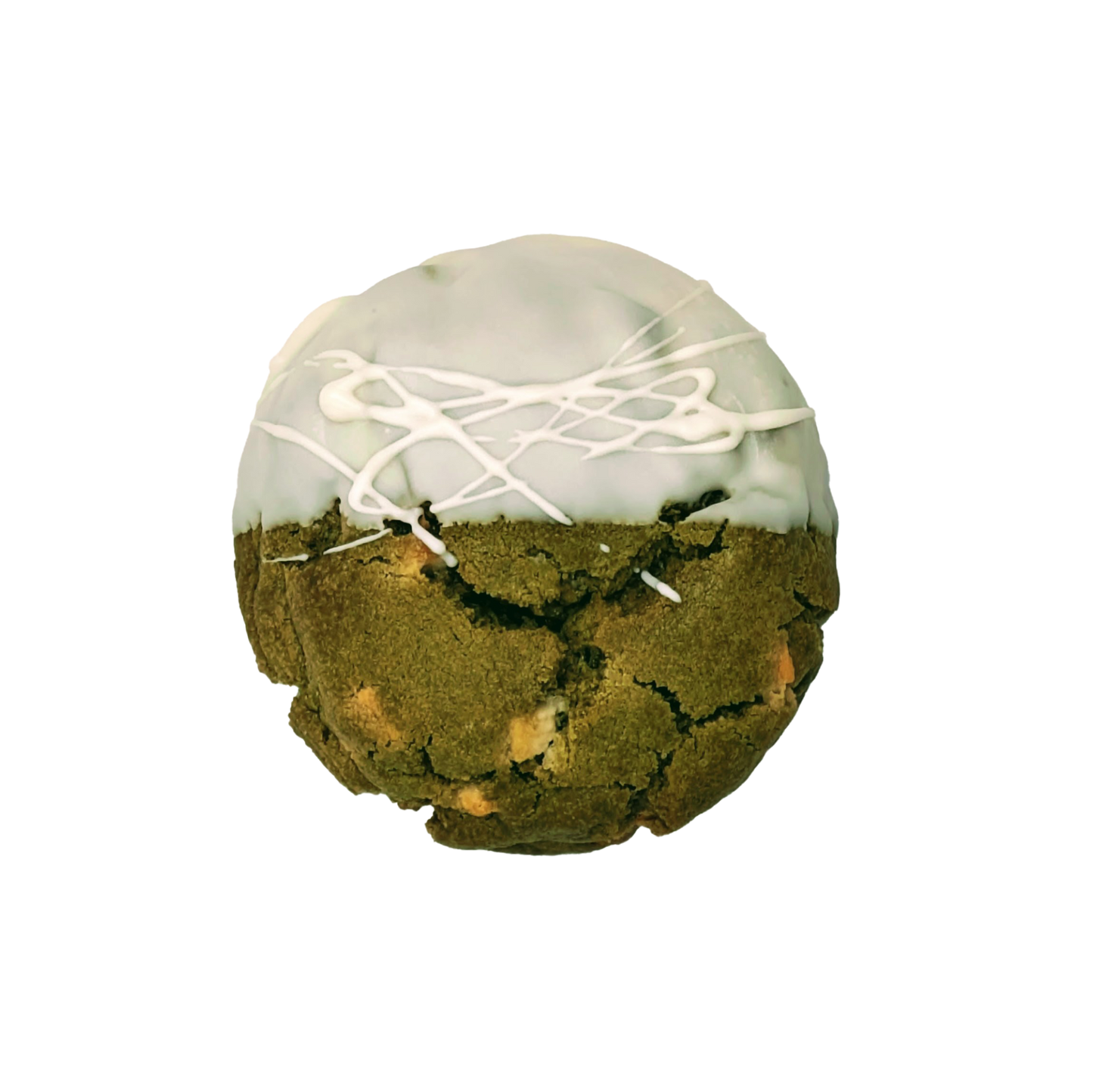 Picture of a green cookie stuffed with matcha and white chocolate chunks half dipped in white chocolate.