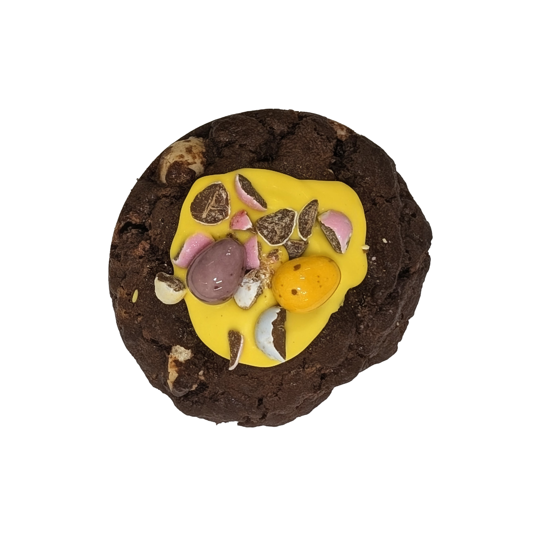Picture of a chocolate cookie stuffed with chocolate hazelnut and topped with mini eggs