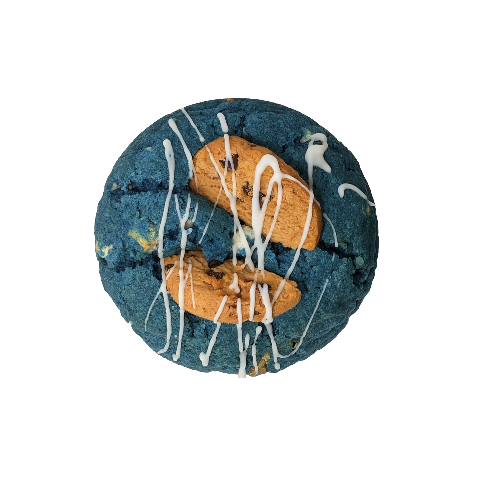 Picture of a blue cookie stuffed with white chocolate, cookies and cream topped with a splash of white icing.
