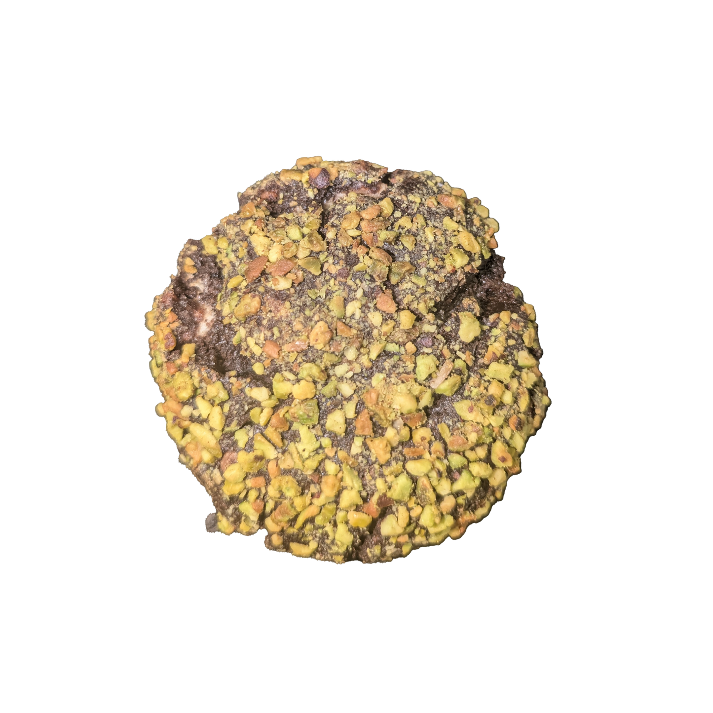 Picture of a dark cookie stuffed with Pistachio and milk chocolate covered in  crushed Pistachio pieces.