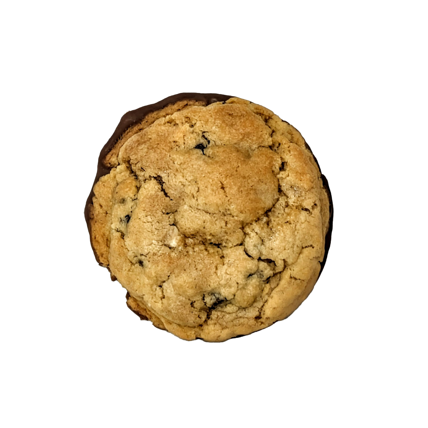 Picture of a cookie stuffed with milk, dark and white chocolate, dipped in milk chocolate