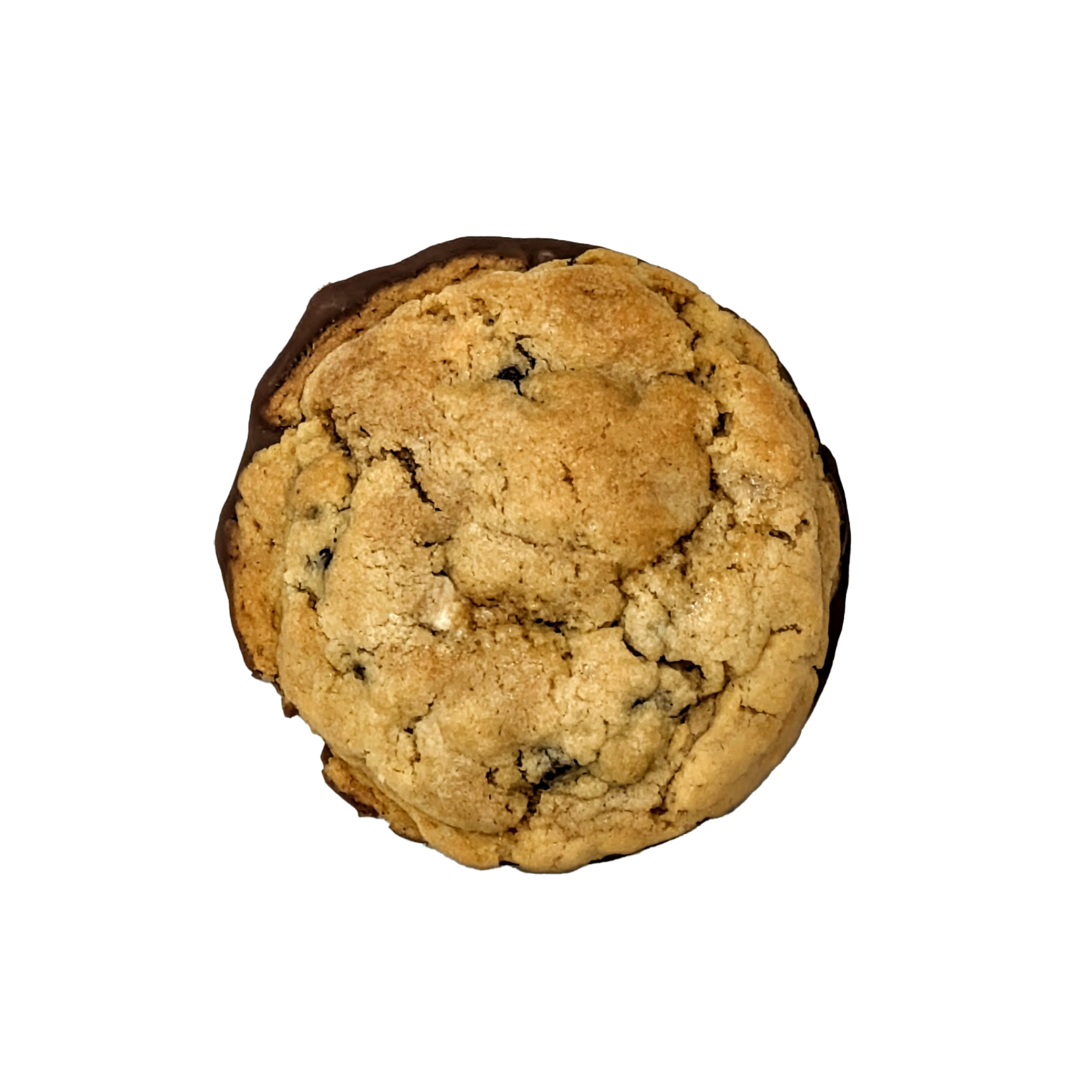 Picture of a cookie stuffed with milk, dark and white chocolate, dipped in milk chocolate