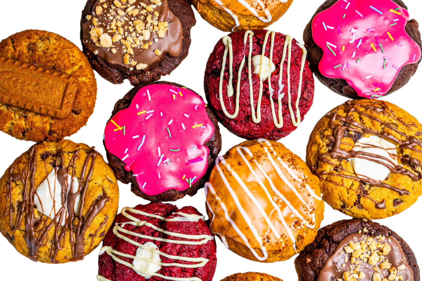 Picture of a collection of stuffed cookies side by side, showing the colourful and varied toppings